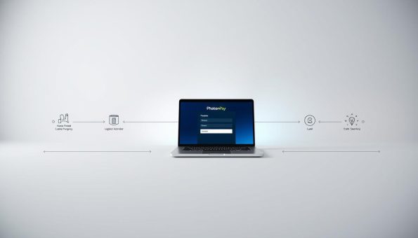 A stylish and modern registration flow for PhotonPay, set against a clean and minimalist backdrop. The foreground features a series of interconnected steps, each represented by sleek icons and concise labels. The middle ground showcases a laptop or tablet device, its screen displaying the intuitive PhotonPay registration interface. The background is a soft, gradient-based composition, evoking a sense of technological sophistication. Ambient lighting casts a gentle glow, highlighting the seamless user experience. The overall scene conveys a sense of effortless, streamlined onboarding for the PhotonPay platform.