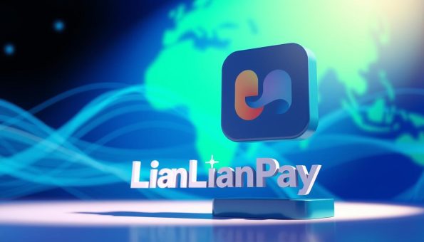 A vibrant, high-resolution illustration depicting the LianLianPay cross-border payment service. In the foreground, a stylized icon of the LianLianPay logo stands prominently, with refined 3D detailing and a sleek, modern design. The middle ground features a dynamic, abstract background with flowing lines and shapes in shades of blue and green, symbolizing the global reach and interconnectivity of the platform. The overall composition conveys a sense of technological sophistication, efficiency, and the seamless enablement of international transactions. The lighting is crisp and directional, casting subtle shadows to accentuate the 3D elements. The angle is slightly elevated, giving the viewer a sense of authority and trust in the subject matter.