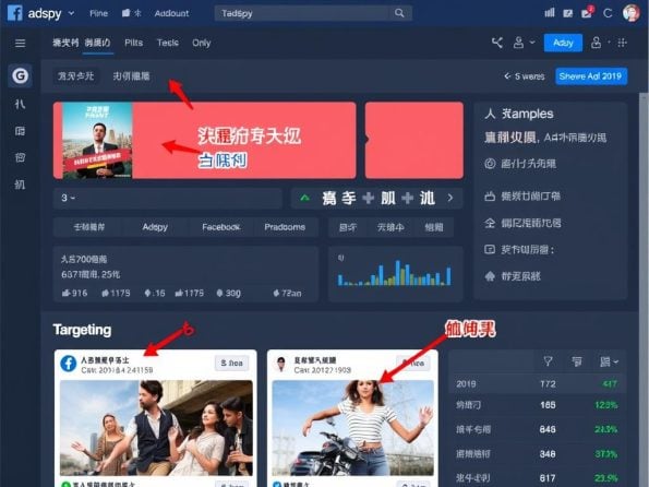 Adspy工具界面展示，显示Facebook广告分析数据