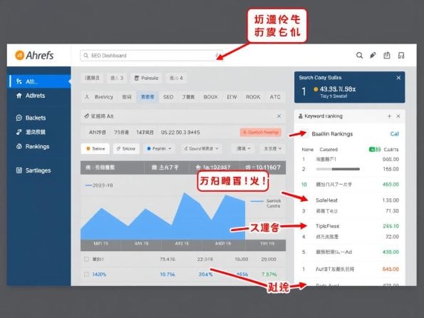 Ahrefs工具界面展示，显示网站SEO分析数据