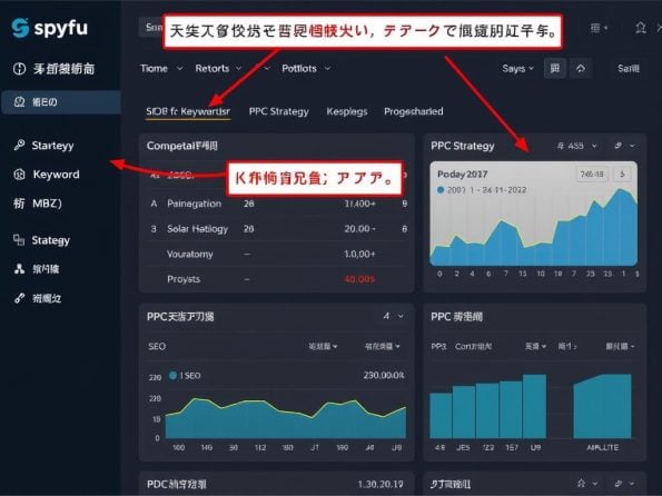 Spyfu工具界面展示，显示竞争对手关键词和广告策略分析