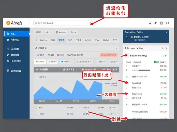Ahrefs工具界面展示，显示网站SEO分析数据