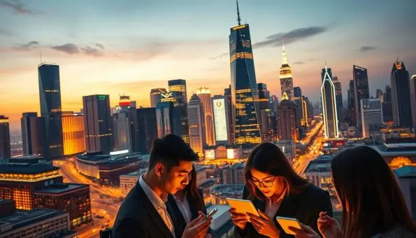 A bustling city skyline at dusk, with sleek skyscrapers and neon-lit streets. In the foreground, a group of businesspeople engrossed in a digital transaction, their faces illuminated by the glow of their devices. The scene is captured from a high angle, creating a sense of dynamism and scale. Warm hues of orange and yellow bathe the image, conveying a sense of efficiency and productivity. The overall composition emphasizes the interconnectedness of the global financial landscape, with the cross-border payment process as the central focus. A bustling city skyline at dusk, with sleek skyscrapers and neon-lit streets. In the foreground, a group of businesspeople engrossed in a digital transaction, their faces illuminated by the glow of their devices. The scene is captured from a high angle, creating a sense of dynamism and scale. Warm hues of orange and yellow bathe the image, conveying a sense of efficiency and productivity. The overall composition emphasizes the interconnectedness of the global financial landscape, with the cross-border payment process as the central focus.