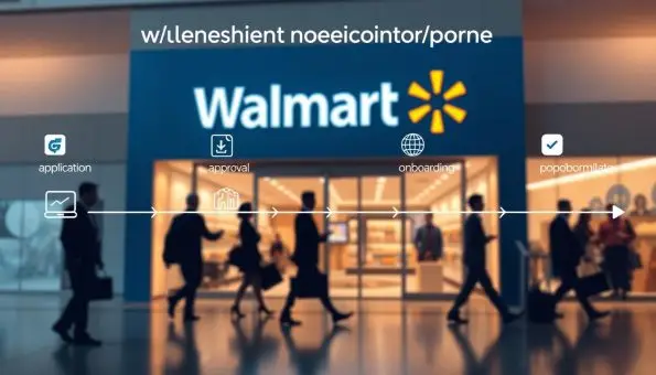 A detailed step-by-step infographic depicting the Walmart platform onboarding process. In the foreground, a series of clean, minimalist icons illustrate the key stages - application, review, approval, onboarding. The middle ground features modern office silhouettes, conveying a sense of professionalism and efficiency. The background depicts a sleek, contemporary Walmart storefront, bathed in warm, inviting lighting that sets a tone of opportunity and growth. The overall composition is balanced, with a clean, uncluttered layout that allows the information to be easily absorbed. The color palette is muted yet sophisticated, reflecting Walmart's brand identity. Technical details like a shallow depth of field and slightly elevated camera angle lend a polished, editorial feel to the image. A detailed step-by-step infographic depicting the Walmart platform onboarding process. In the foreground, a series of clean, minimalist icons illustrate the key stages - application, review, approval, onboarding. The middle ground features modern office silhouettes, conveying a sense of professionalism and efficiency. The background depicts a sleek, contemporary Walmart storefront, bathed in warm, inviting lighting that sets a tone of opportunity and growth. The overall composition is balanced, with a clean, uncluttered layout that allows the information to be easily absorbed. The color palette is muted yet sophisticated, reflecting Walmart's brand identity. Technical details like a shallow depth of field and slightly elevated camera angle lend a polished, editorial feel to the image.