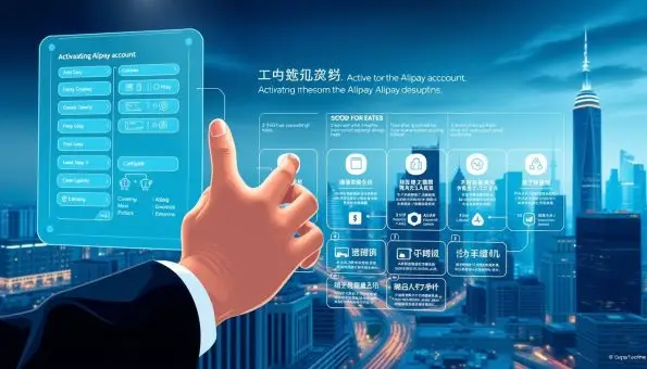 A futuristic digital illustration depicting the step-by-step process of activating an international Alipay account. In the foreground, a person's hand interacts with a sleek, holographic user interface, navigating through various menus and screens. The middle ground showcases a detailed diagram outlining the key stages of the Alipay setup flow, with clean iconography and intuitive visual cues. The background features a dynamic cityscape with towering skyscrapers, hinting at the global reach and interconnectivity of the digital payment system. The overall atmosphere conveys a sense of efficiency, modernity, and the seamless integration of technology into everyday financial transactions. A futuristic digital illustration depicting the step-by-step process of activating an international Alipay account. In the foreground, a person's hand interacts with a sleek, holographic user interface, navigating through various menus and screens. The middle ground showcases a detailed diagram outlining the key stages of the Alipay setup flow, with clean iconography and intuitive visual cues. The background features a dynamic cityscape with towering skyscrapers, hinting at the global reach and interconnectivity of the digital payment system. The overall atmosphere conveys a sense of efficiency, modernity, and the seamless integration of technology into everyday financial transactions.