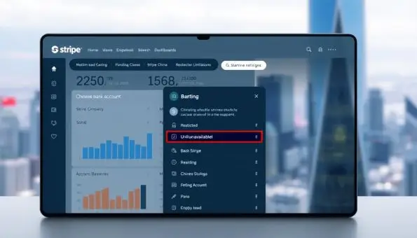 A modern digital banking interface with a focus on Stripe's account limitations for users from mainland China. The foreground features a sleek, minimalist dashboard with financial charts and graphs, highlighting the restricted functionality. The middle ground depicts a Chinese bank account selection menu, with a prominent "Unavailable" or "Restricted" label. The background showcases a blurred city skyline, reflecting the global reach and challenges of cross-border financial services. The lighting is clean and crisp, conveying a sense of professionalism and technology. The overall tone is one of informative clarity, addressing the specific pain point of Stripe's account limitations for Chinese users. A modern digital banking interface with a focus on Stripe's account limitations for users from mainland China. The foreground features a sleek, minimalist dashboard with financial charts and graphs, highlighting the restricted functionality. The middle ground depicts a Chinese bank account selection menu, with a prominent "Unavailable" or "Restricted" label. The background showcases a blurred city skyline, reflecting the global reach and challenges of cross-border financial services. The lighting is clean and crisp, conveying a sense of professionalism and technology. The overall tone is one of informative clarity, addressing the specific pain point of Stripe's account limitations for Chinese users.