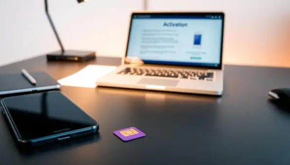 A well-lit and organized desk showcases the essential items needed for a successful SIM card activation. In the foreground, a sleek, modern smartphone sits alongside the purple SIM card, ready to be inserted. In the middle ground, a laptop or tablet displays relevant activation instructions, providing clear guidance. The background features a minimalist, clean-lined office setting, with subtle hints of warm lighting to create a focused, professional atmosphere. The overall composition conveys a sense of preparedness, attention to detail, and a methodical approach to the activation process. A well-lit and organized desk showcases the essential items needed for a successful SIM card activation. In the foreground, a sleek, modern smartphone sits alongside the purple SIM card, ready to be inserted. In the middle ground, a laptop or tablet displays relevant activation instructions, providing clear guidance. The background features a minimalist, clean-lined office setting, with subtle hints of warm lighting to create a focused, professional atmosphere. The overall composition conveys a sense of preparedness, attention to detail, and a methodical approach to the activation process.