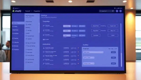 Detailed administrative panel of Shopify's payment system configuration. Wide view of a modern dashboard with various settings and options. Sleek, minimalist interface with clean typography and icons. Prominent payment gateway integration controls, secure checkout options, and transaction analytics. Warm lighting illuminates the screen, creating a professional and organized atmosphere. High-resolution, high-fidelity rendering with a focus on technical accuracy and user-friendly interface design. Detailed administrative panel of Shopify's payment system configuration. Wide view of a modern dashboard with various settings and options. Sleek, minimalist interface with clean typography and icons. Prominent payment gateway integration controls, secure checkout options, and transaction analytics. Warm lighting illuminates the screen, creating a professional and organized atmosphere. High-resolution, high-fidelity rendering with a focus on technical accuracy and user-friendly interface design.
